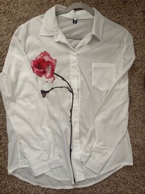 White Blouse with Pink Rose Print - Women's Button-Up